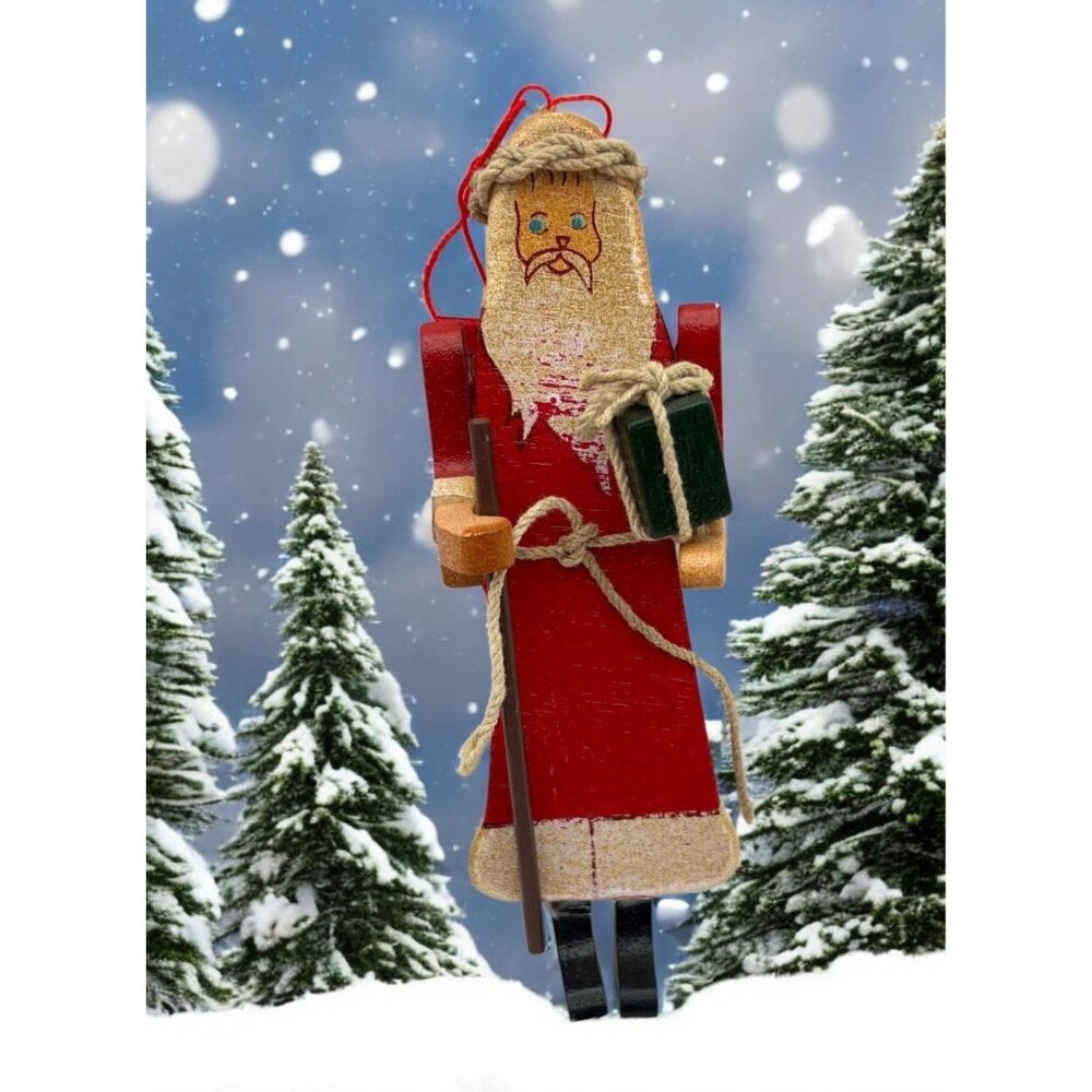 Vintage Wooden Santa Claus Christmas Ornament With Gift & Staff Folk Art